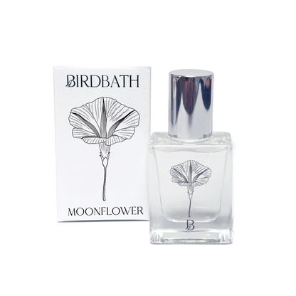 Birdbath Moonflower perfume bottle and packaging on a white background