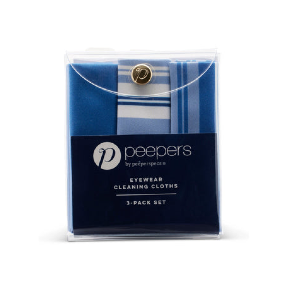 Pack of blue Peepers eyewear cleaning cloths with a clear front cover on a white background