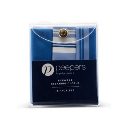 Pack of blue Peepers eyewear cleaning cloths with a clear front cover on a white background
