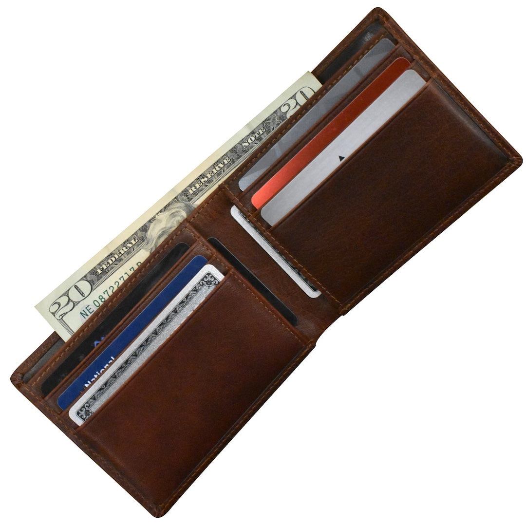 Brown leather wallet with money and cards on a white background
