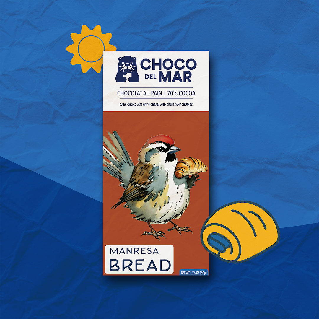 Choco del Mar chocolate bar packaging with a bird holding a croissant illustration on a blue background