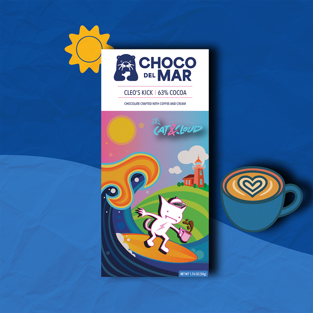 Choco del Mar chocolate bar packaging with colorful design and a cup of coffee on a blue background