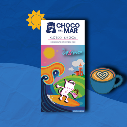 Choco del Mar chocolate bar packaging with colorful design and a cup of coffee on a blue background