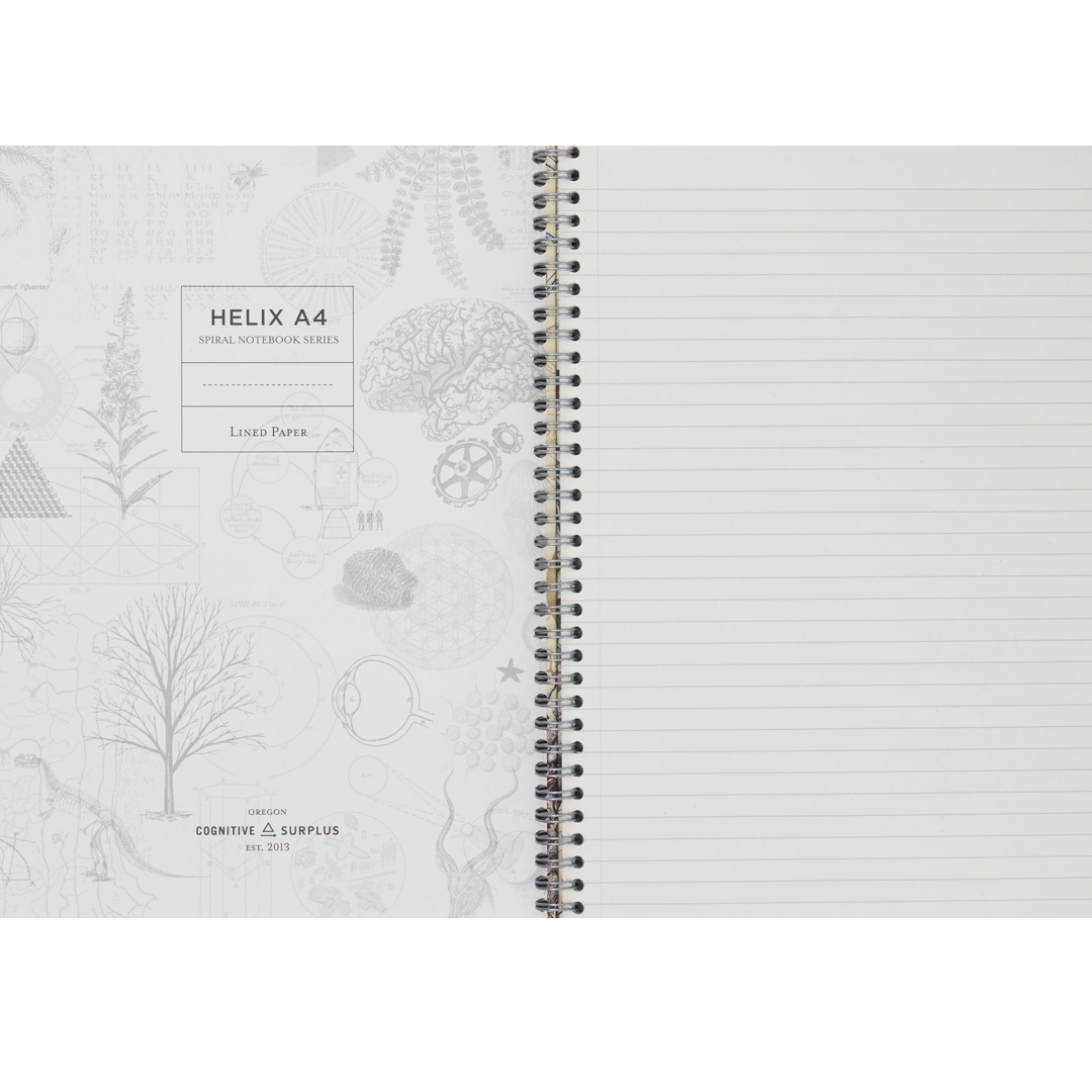 Spiral-bound notebook with white pages and decorative cover on a white background