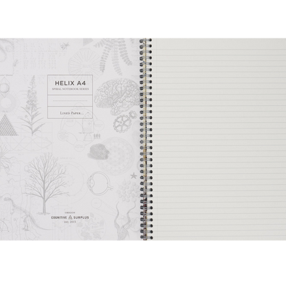 Spiral-bound notebook with white pages and decorative cover on a white background