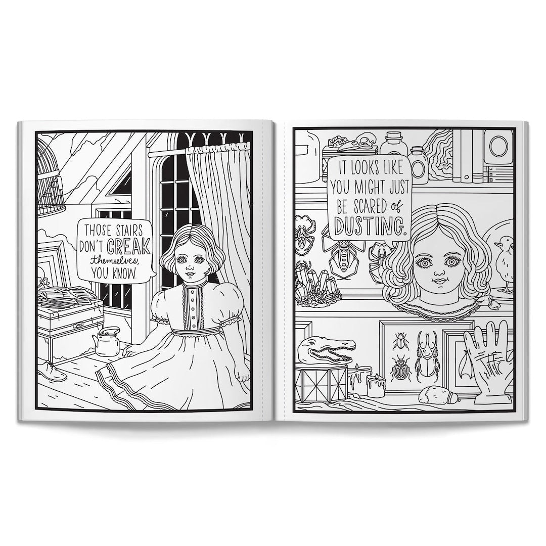 Coloring book pages with dolls in a room with text 