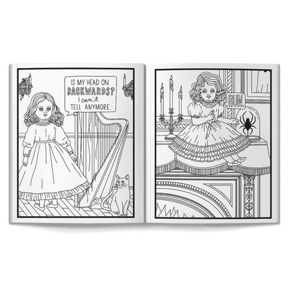 Coloring book page with a doll and spider illustration on a white background
