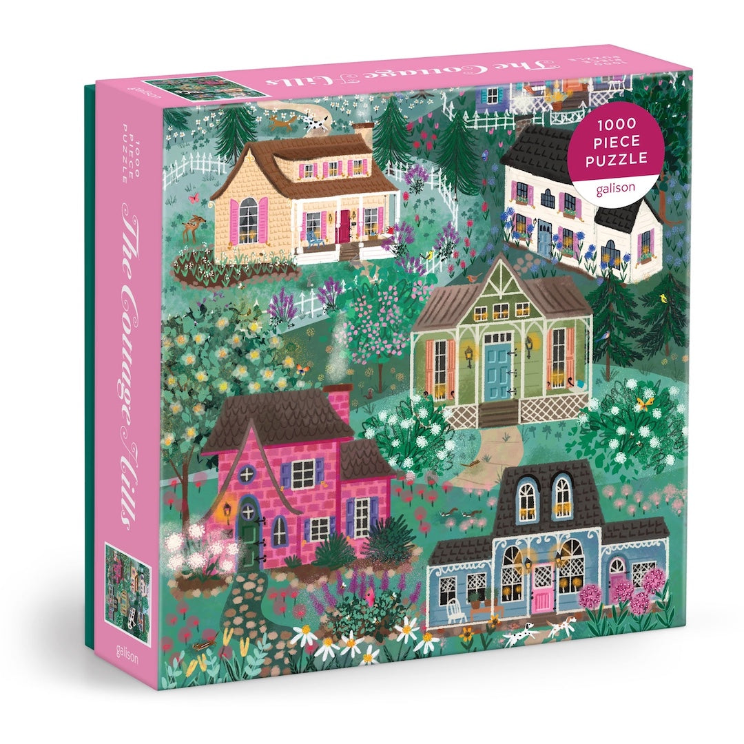 Jigsaw puzzle box with colorful houses and garden design on a white background