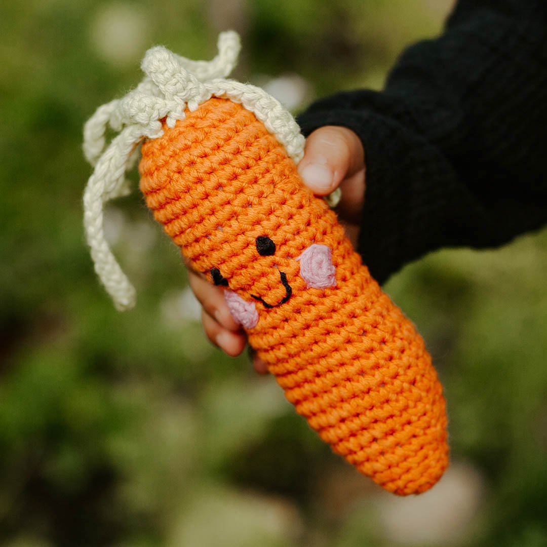 Hand holding a crocheted carrot toy with a blurred green background