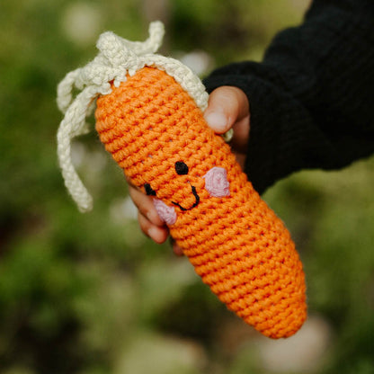 Hand holding a crocheted carrot toy with a blurred green background
