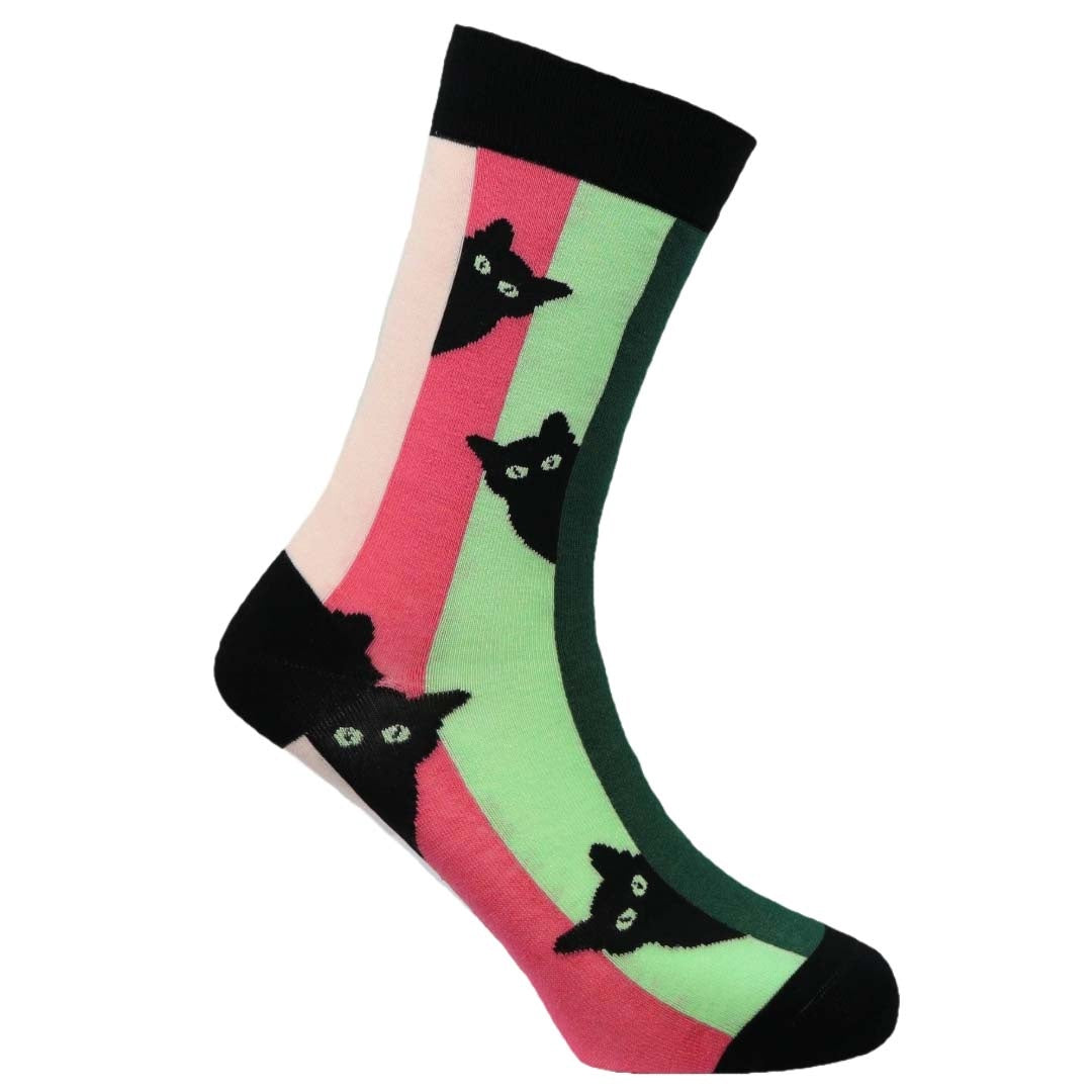 Colorful socks with black cat designs on a white background