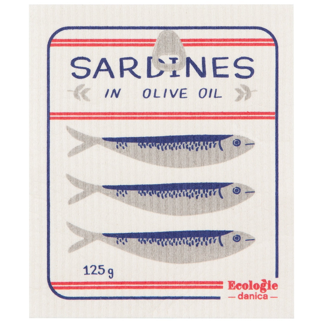 swedish dishcloth with a sardines tin illustration on it