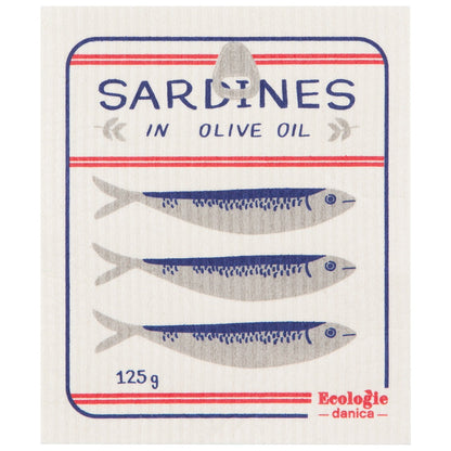 swedish dishcloth with a sardines tin illustration on it