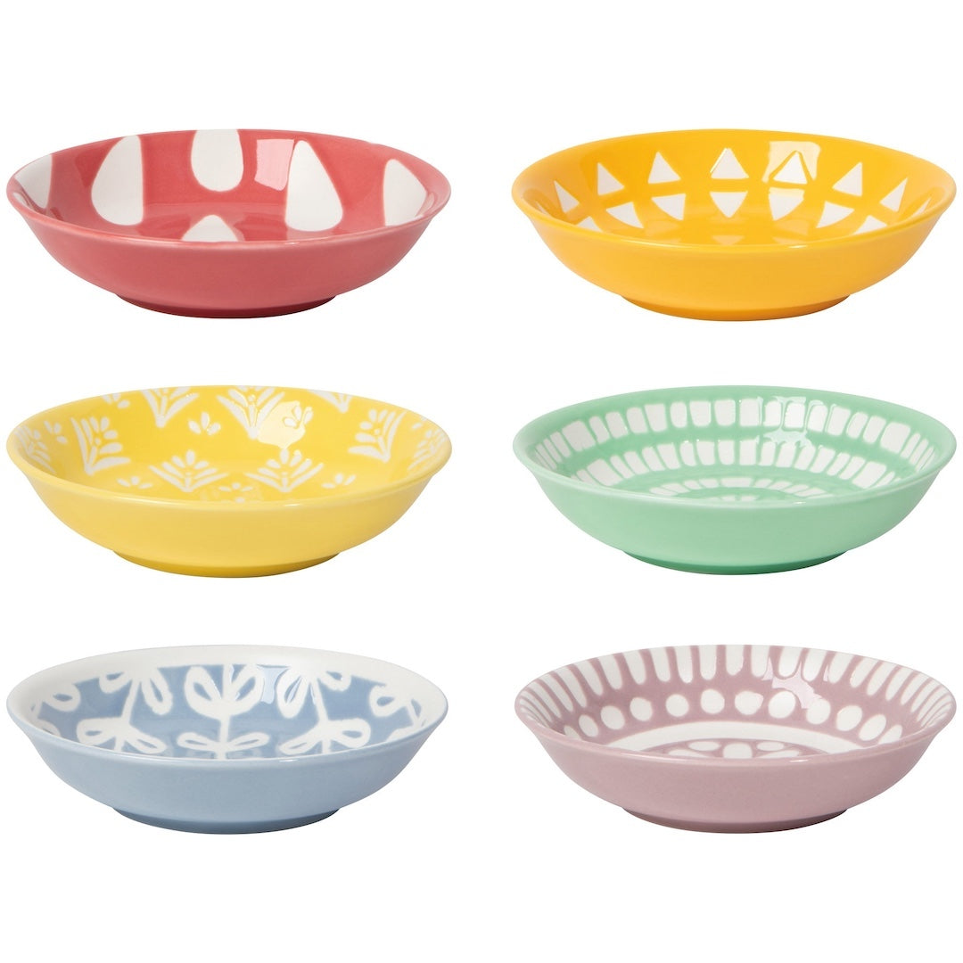 Set of six colorful bowls with patterned designs on a white background