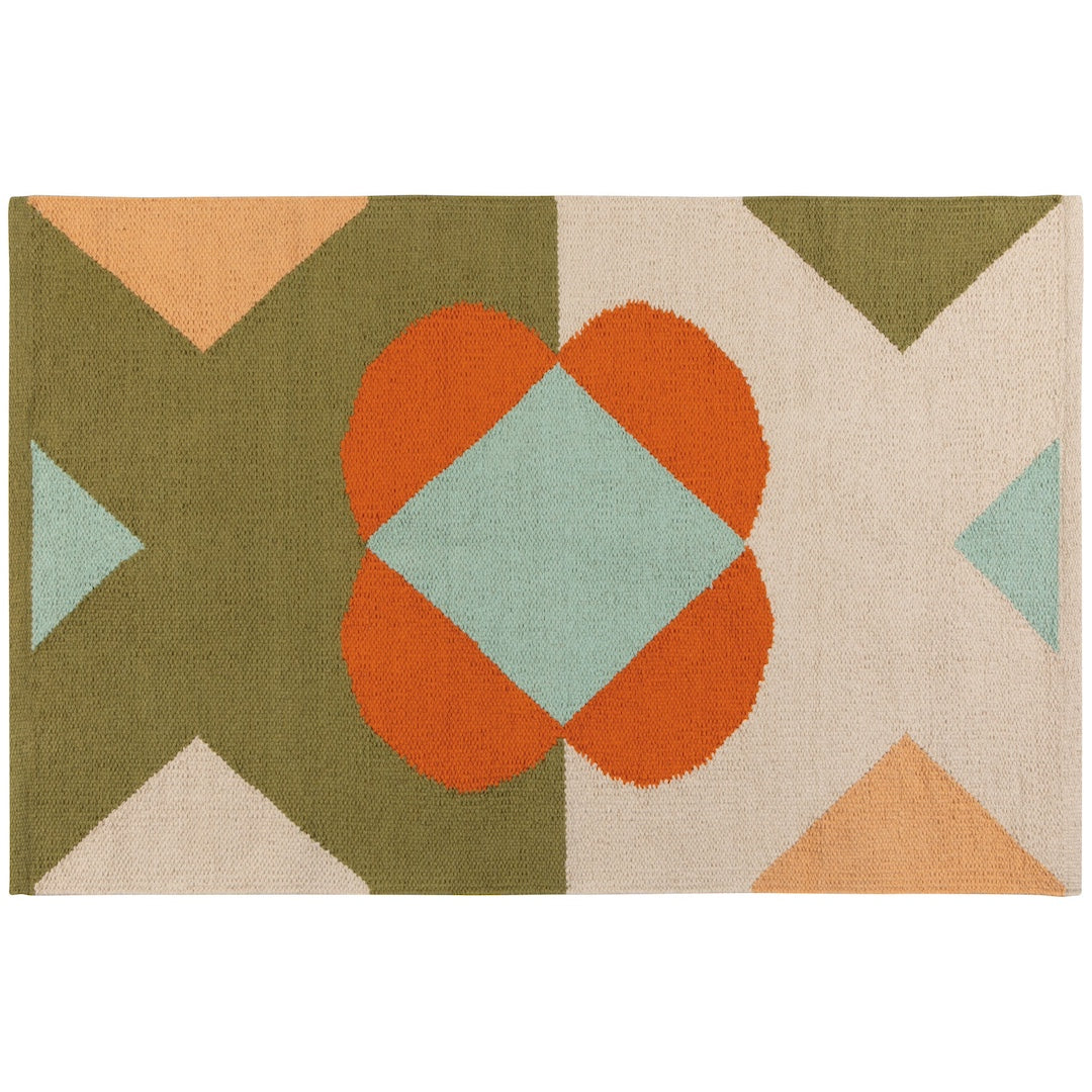 Geometric patterned rug with orange, green, and beige colors on a white background