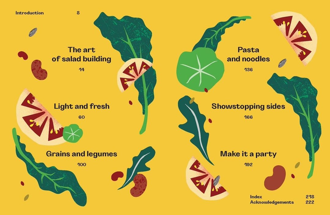 Illustrations of salad ingredients with text on a yellow background