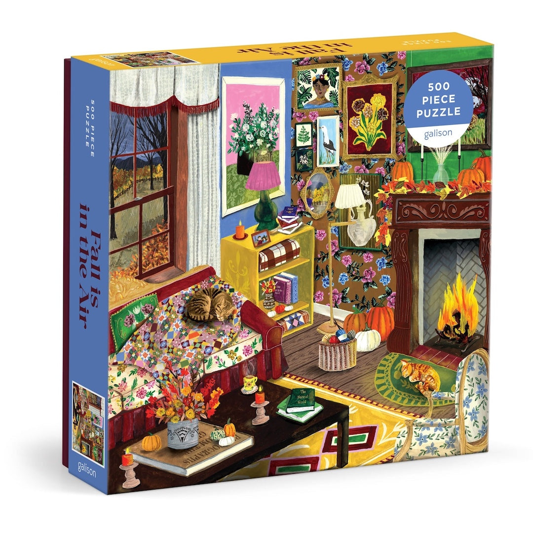 Jigsaw puzzle box with a colorful living room scene and '500 Piece Puzzle' label.