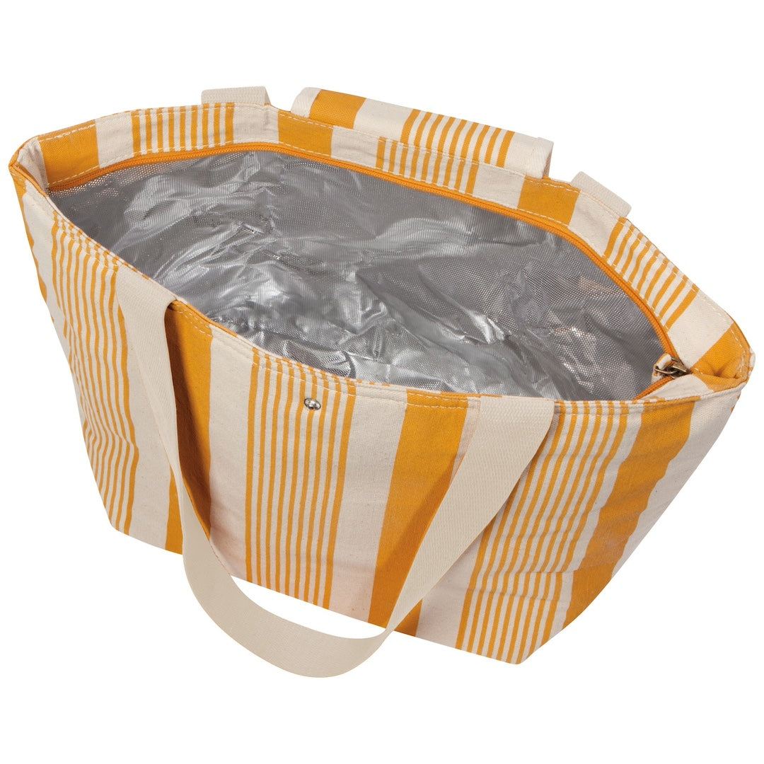 Yellow and white striped cooler bag with a clear compartment on a white background