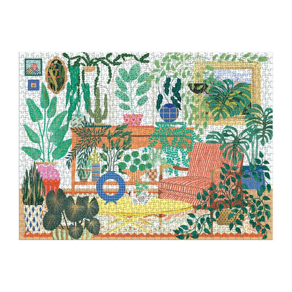 Jigsaw puzzle with a colorful design of plants and furniture on a white background