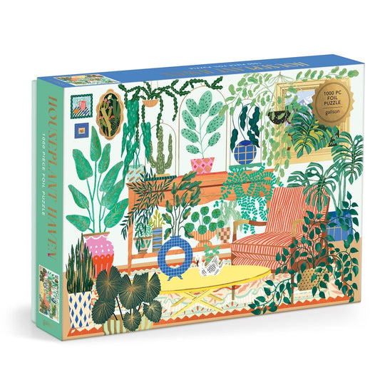 Jigsaw puzzle box with a colorful design of indoor plants and furniture on a white background