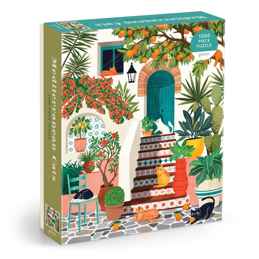 Puzzle box with Mediterranean patio design featuring plants and cats.