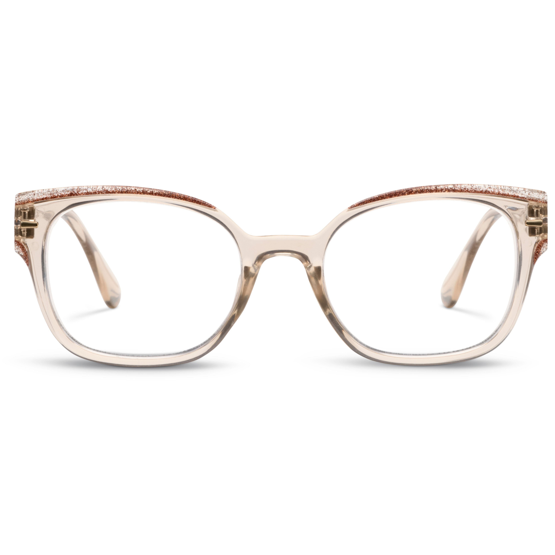 Beige eyeglasses with a glittery frame on a white background