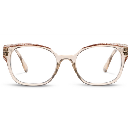 Beige eyeglasses with a glittery frame on a white background