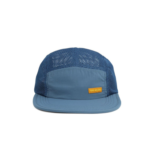 Blue cap with mesh design and a visible brand logo on a white background