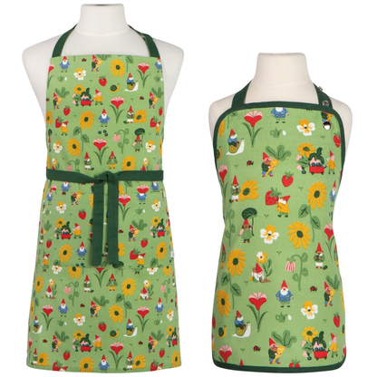 Two green aprons with colorful garden-themed designs on mannequins against a white background.
