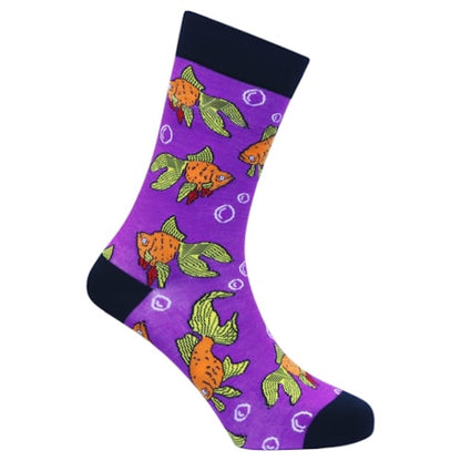 Purple sock with goldfish pattern on a white background