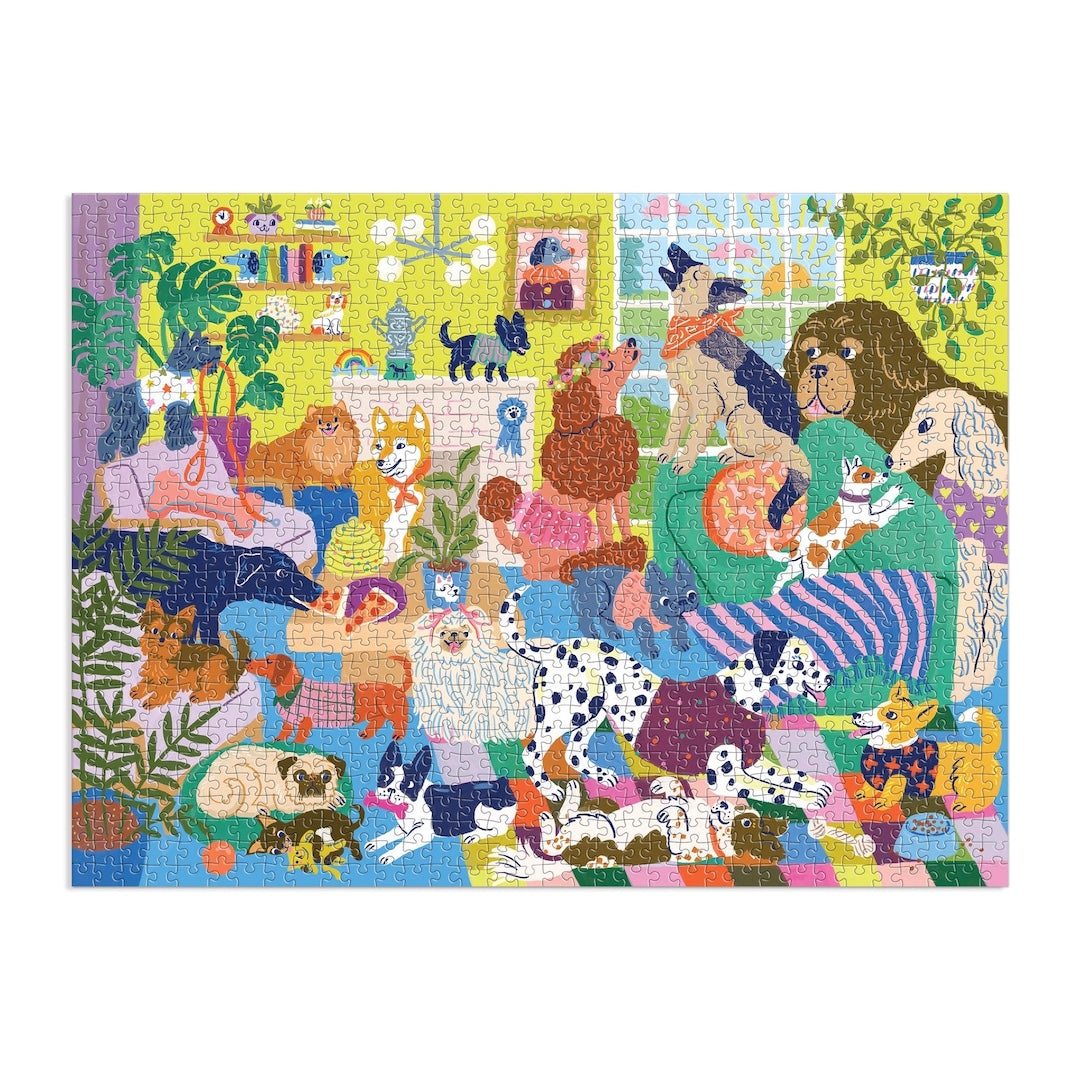 Colorful puzzle with various cartoon dogs and animals on a white background