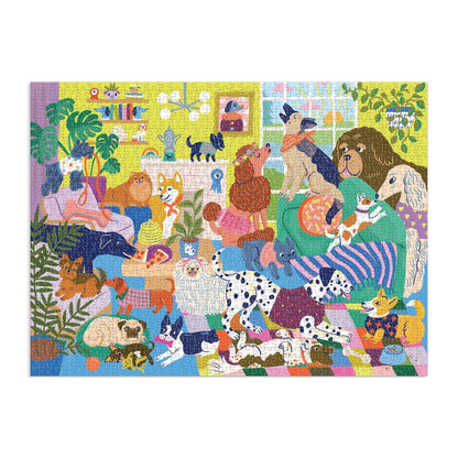 Colorful puzzle with various cartoon dogs and animals on a white background