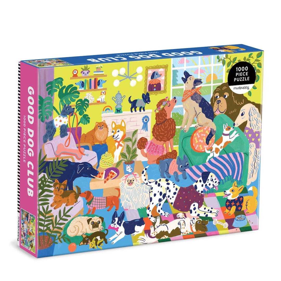 Puzzle box with colorful illustration of dogs in a room, labeled 'Good Dog Club'.