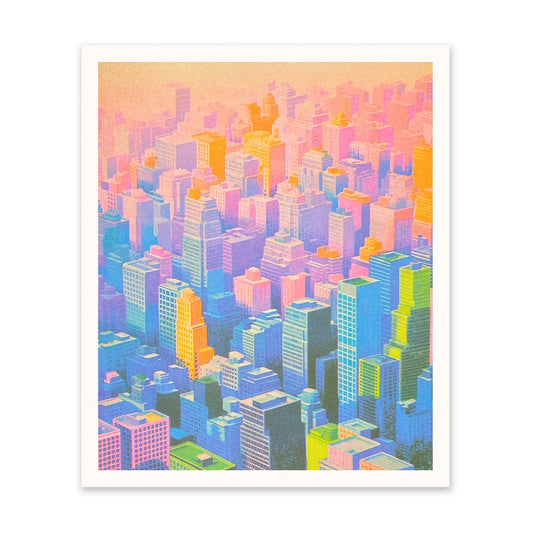 Colorful cityscape illustration with pastel hues on a white background