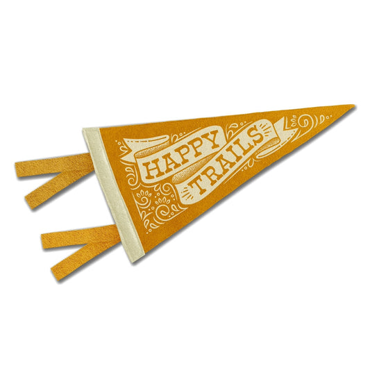 Small golden yellow and white pennant flag with 'Happy Trails' text on a white background