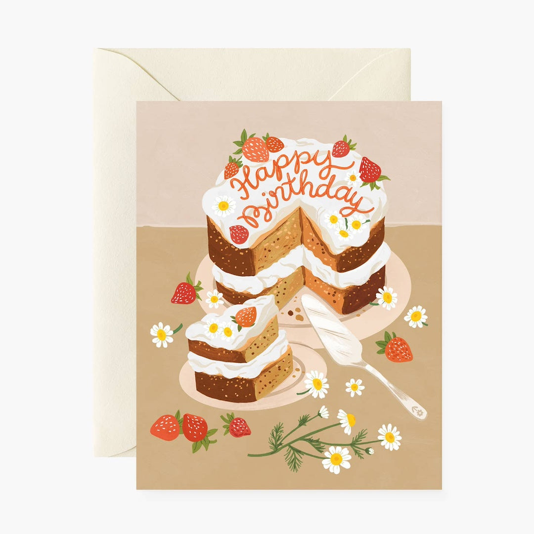 Greeting card with a birthday cake illustration on a beige background. Cake has happy birthday written in frosting on it