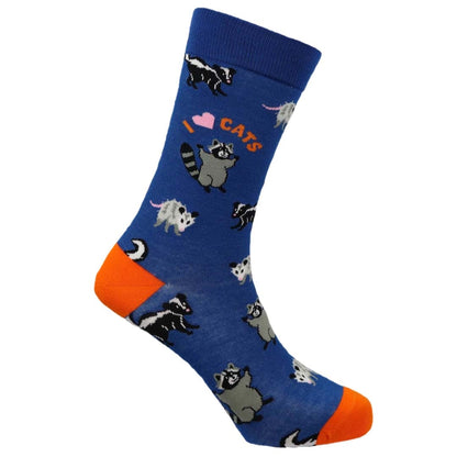 Blue sock with animal patterns and 'I love cats' text on a white background