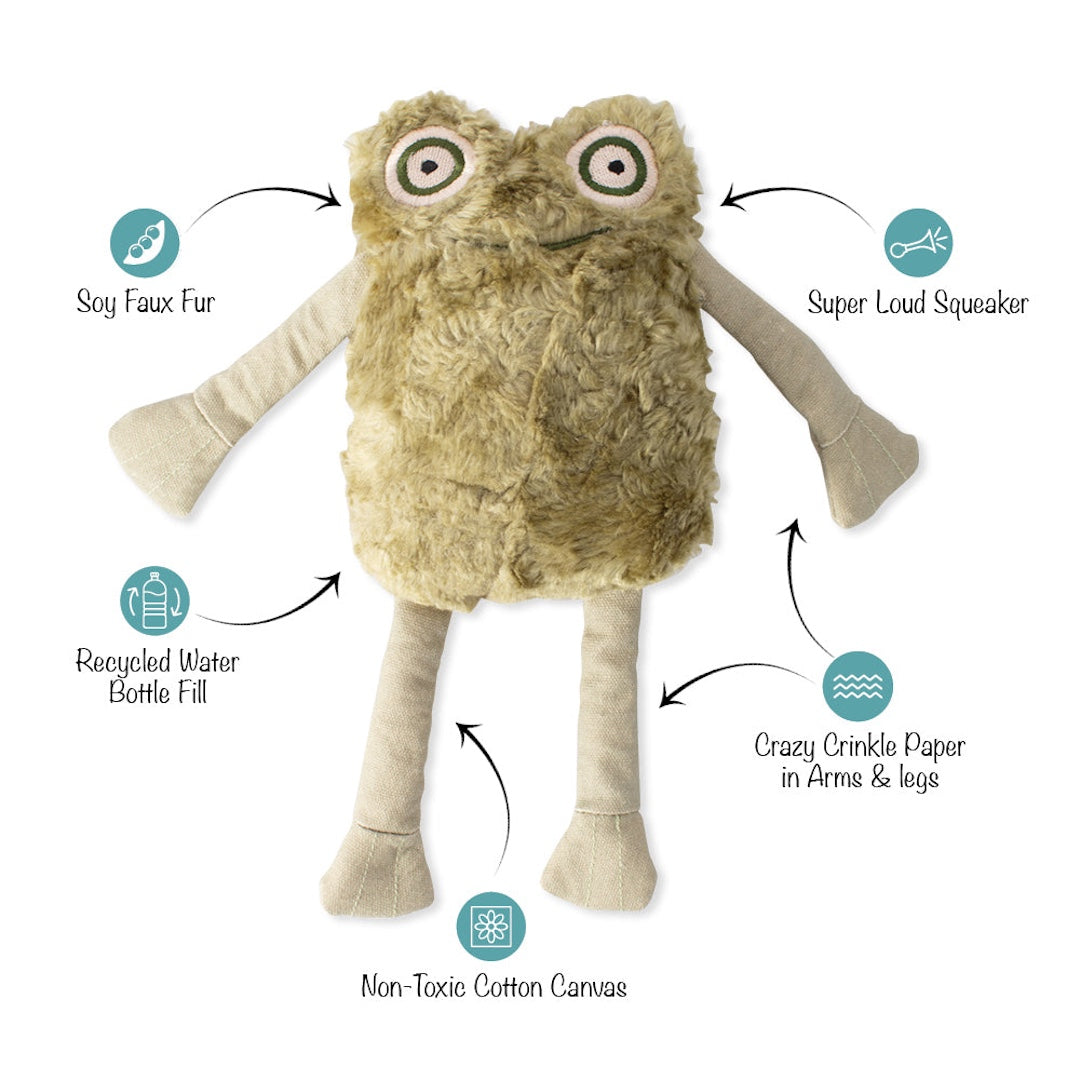 frog shaped dog toy with features highlighted on a white background