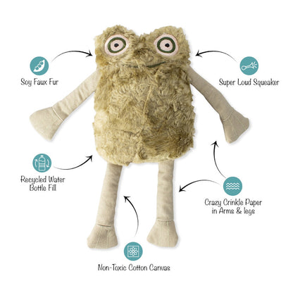 frog shaped dog toy with features highlighted on a white background