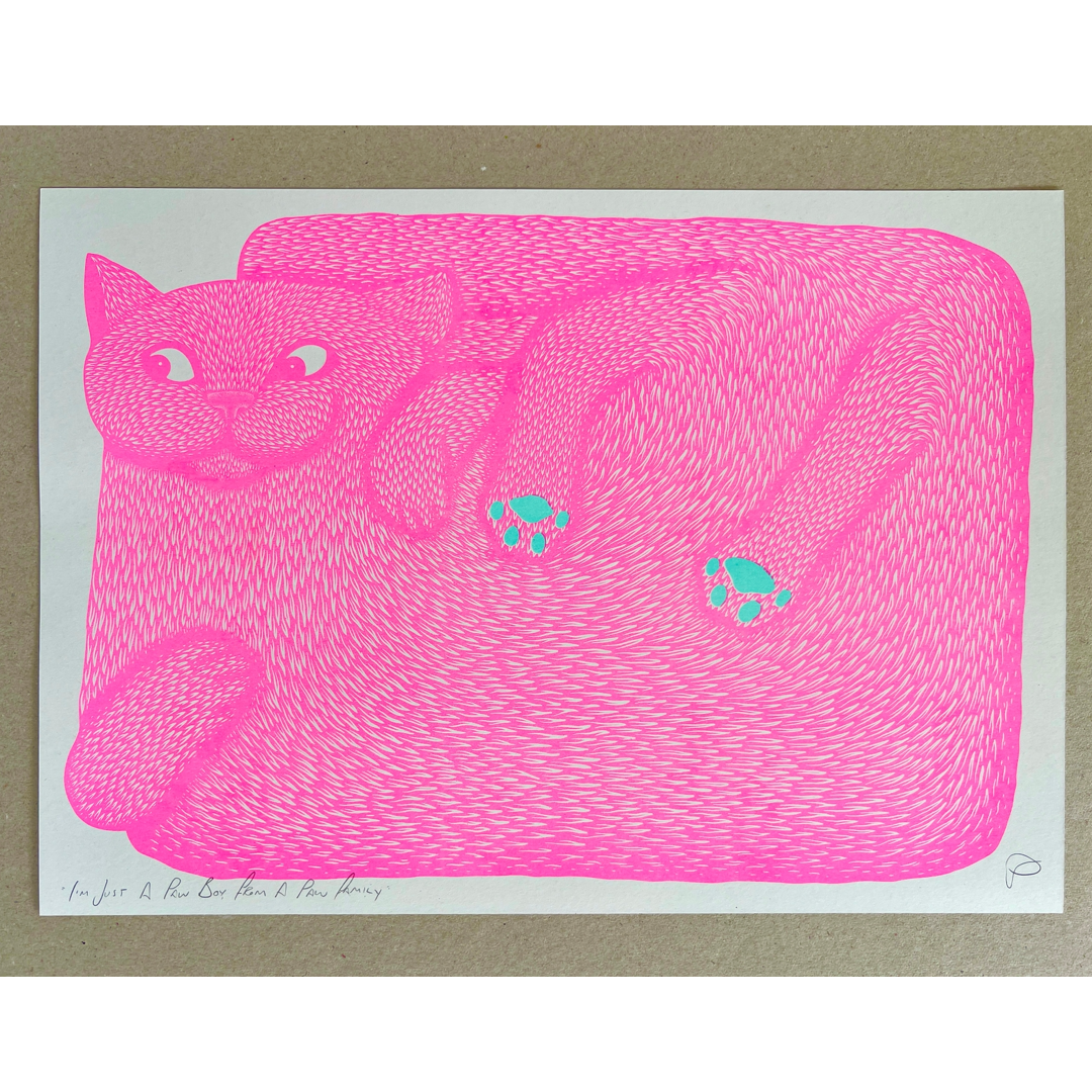 illustration of a pink cat with green paw prints on a white background