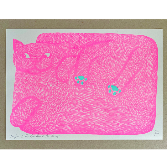 illustration of a pink cat with green paw prints on a white background