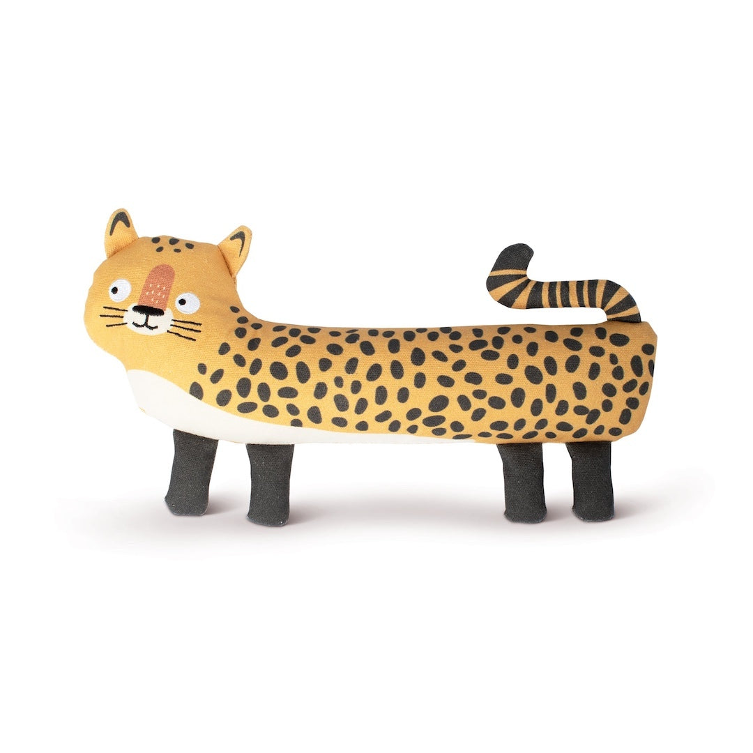 leopard shaped dog toy on a white background