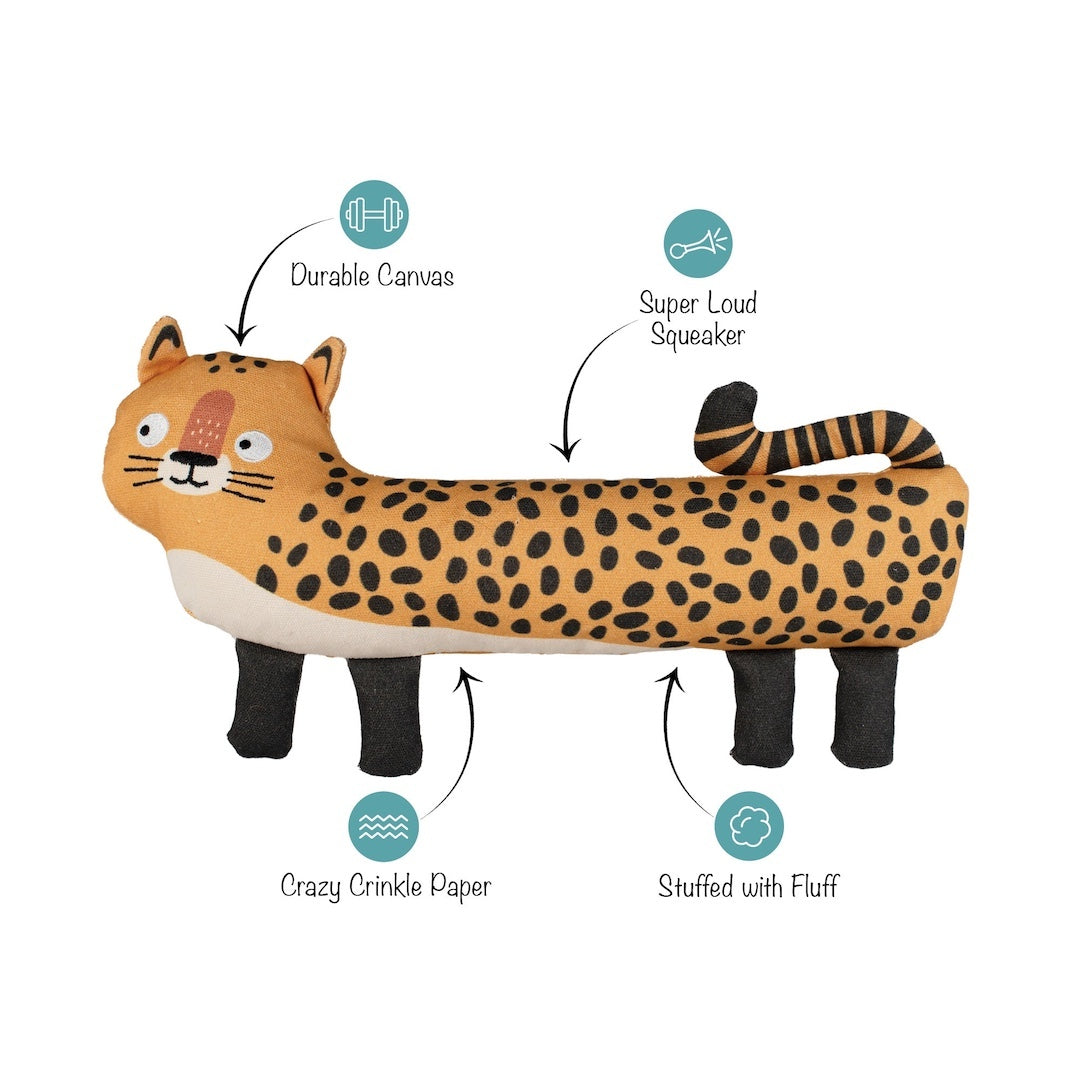 Leopard-shaped dog toy with features labeled on a white background
