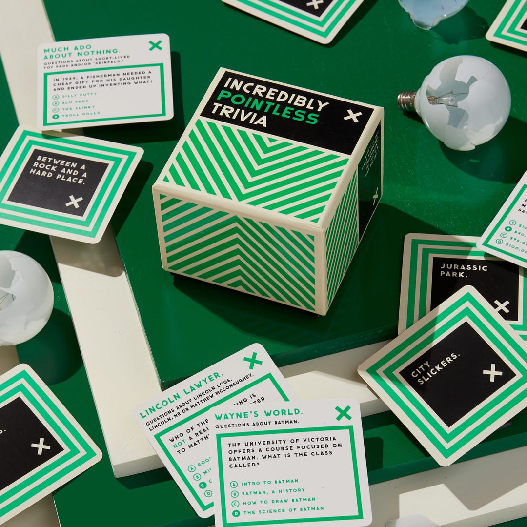 Styled photo of the box of Incredibly Pointless Trivia