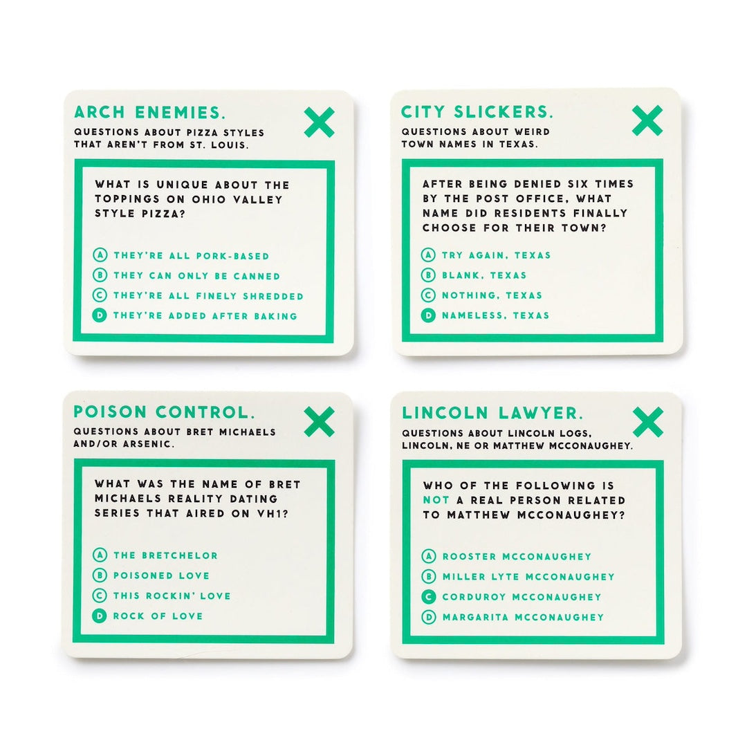 Four trivia question cards with green text on a white background