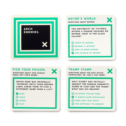 Four trivia questions cards on a white background