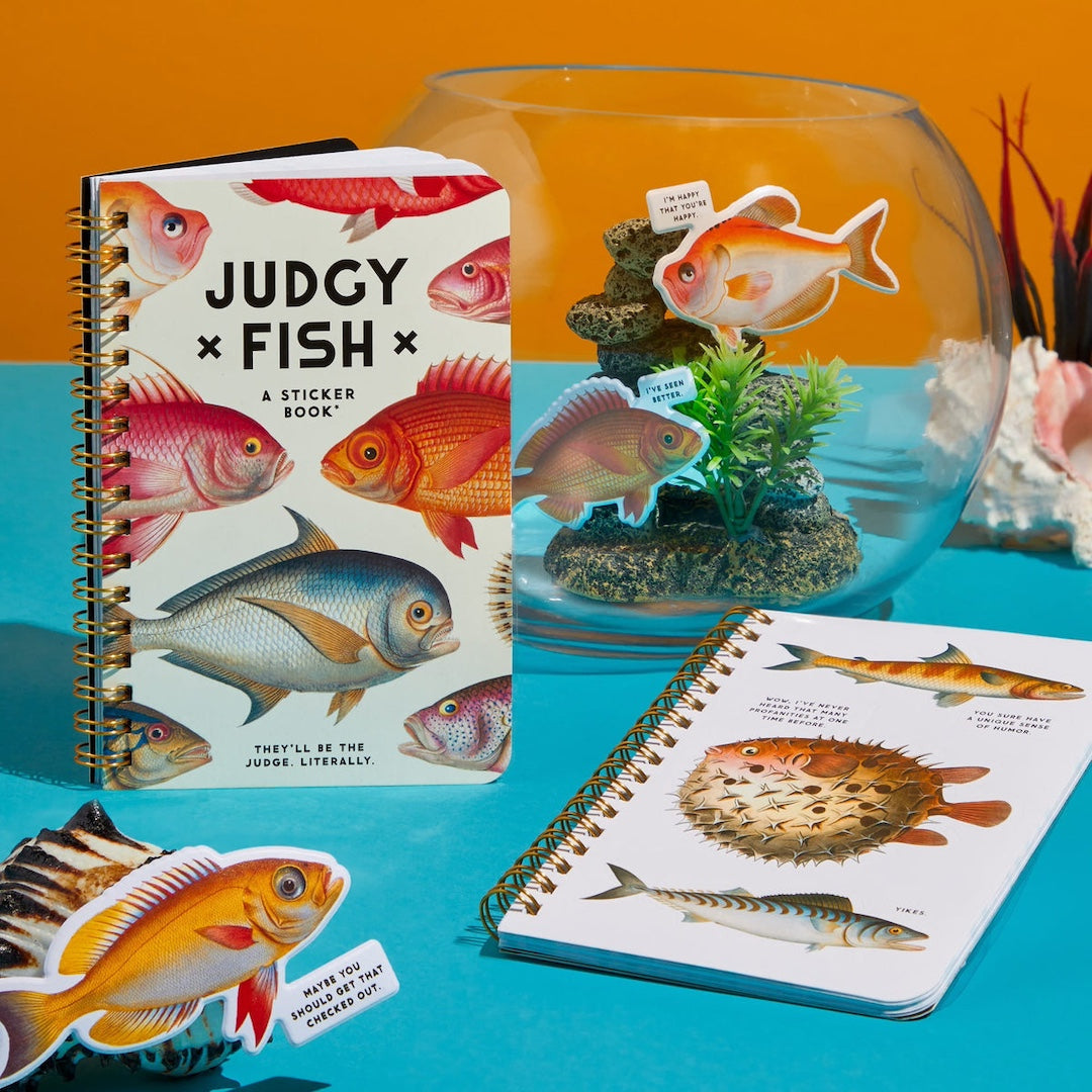 Sticker book titled 'Judgy Fish' with fish-themed stickers on a blue and orange gradient background.