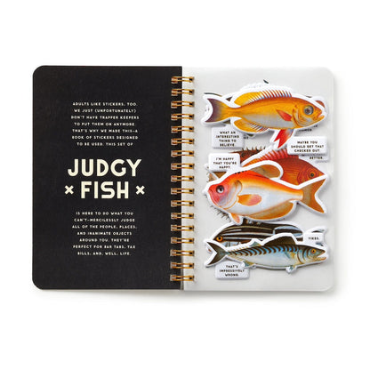 Sticker book with judgy fish themed stickers on a white background