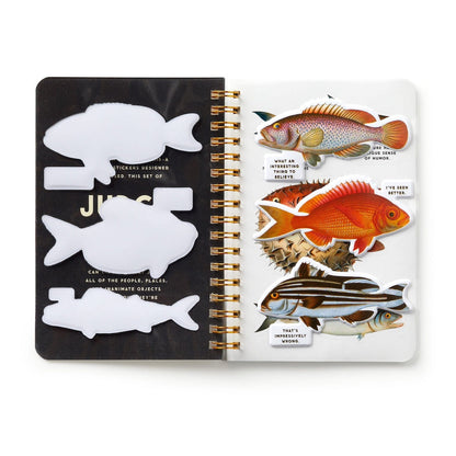 Sticker book with judgy fish themed stickers on a white background