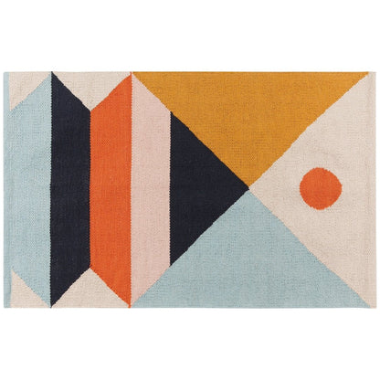 Geometric patterned rug with triangles and a circle on a white background